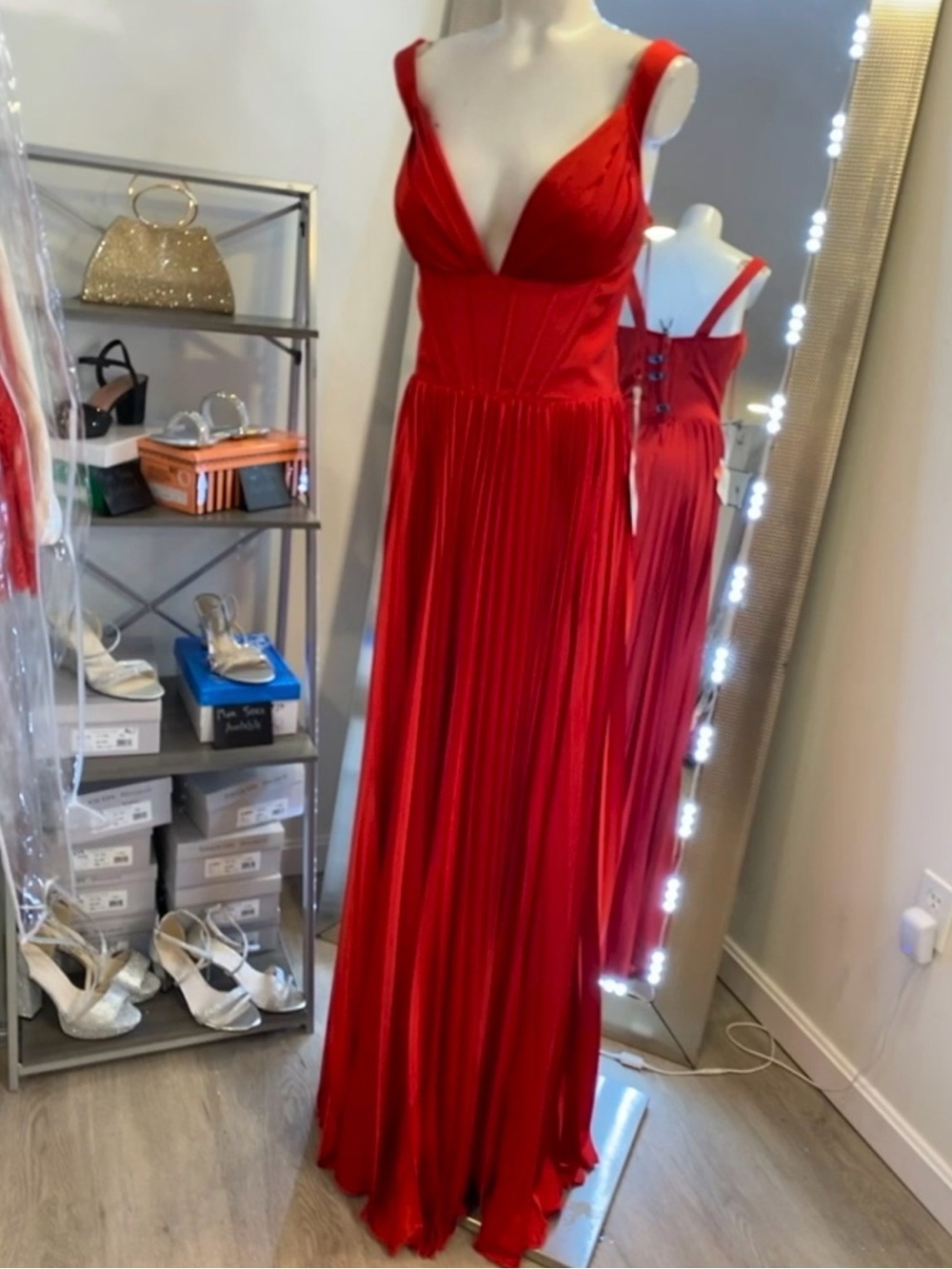 Tarik Ediz Red Plunging V-Neck Prom Gown